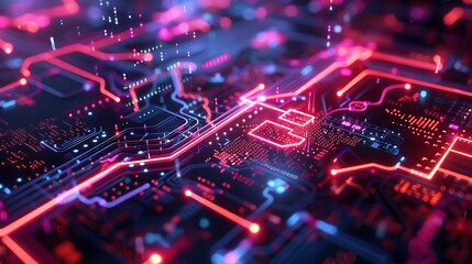 Fototapeta premium Machine learning algorithms visualized as a network of bright nodes and pathways, with algorithm icons and data streams highlighted on a sleek interface. Created Using: cyberpunk style, neon glow,