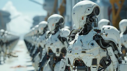 Fototapeta premium Robots assisting in disaster relief operations, performing tasks like search and rescue, with AI systems coordinating their efforts. Created Using: photorealistic style, high detail,