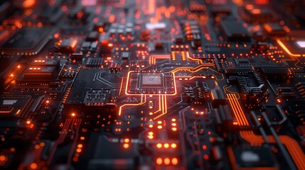 Obraz premium Quantum circuits illuminated in a dark room with AI analyzing data, visualized with holographic displays and intricate quantum algorithms. Created Using: advanced technology, realistic rendering,