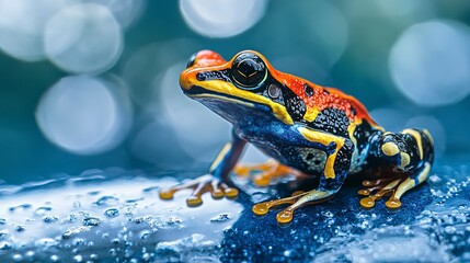 Macro Shot of Colorful Frog on Blue Surface. Wildlife and amphibian