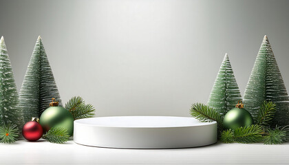  Empty White Podium with Christmas Ornaments and Pine Trees _1(78)