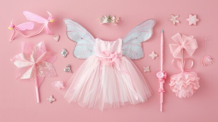 A flat lay of a fairy costume, including wings, wand, and tiara.