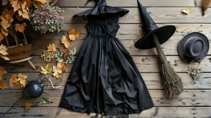 Obraz premium A flat lay of a witch costume, including hat, broom, and dress.