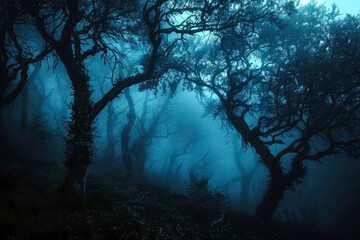Halloween. A dark forest with twisted trees and swirling fog. The full moon casts an eerie light through the branches. Mysterious shadows and thick fog enhance the creepy atmosphere.