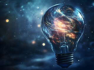 A light bulb filled with a swirling galaxy, representing the vastness of ideas and innovation.