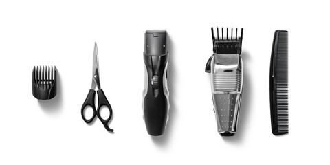 Various grooming tools are neatly arranged, showcasing scissors, a hair trimmer, clipper, and comb...