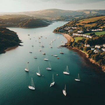 A stunning aerial view of Salcombe Harbour with Snapes Point, showcasing white boats dotting the calm waters of Kingsbridge Estuary in England's serene coastal landscape