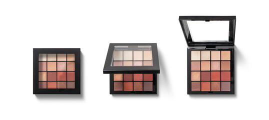 Three makeup palettes display an array of colors for creating various beauty looks, each designed...