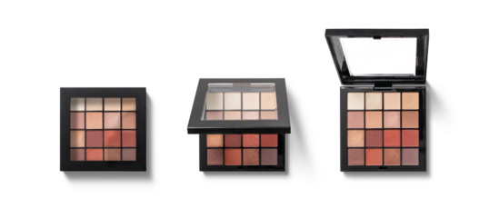 Three makeup palettes display an array of colors for creating various beauty looks, each designed to enhance features and provide versatility