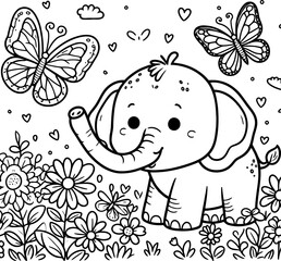 Cute little elephant Coloring Page is playing in a field.