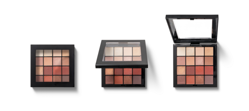 Three makeup palettes display an array of colors for creating various beauty looks, each designed to enhance features and provide versatility