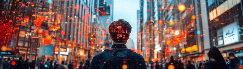 Fototapeta premium Urban scene with augmented reality overlays connecting people and places