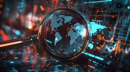 Fototapeta premium A magnifying glass focuses on a glowing globe, representing global connectivity and digital exploration.