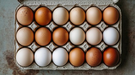 A top-down view of a carton filled with a mix of fresh brown and white eggs, arranged neatly, highlighting the natural variations in color and texture.