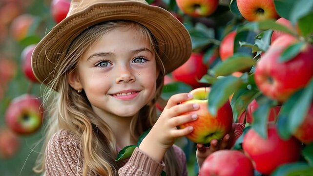 Young girl selected ripe apples