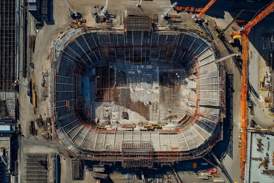 A large empty stadium with a construction site in the background