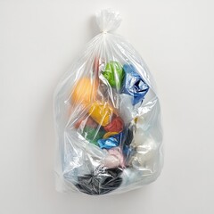 A translucent plastic bag filled with assorted plastic garbage, highlighting the environmental impact of plastic waste