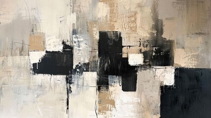 Abstract painting with black, beige, and white blocks on a textured canvas