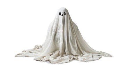 A ghost costume, with sheet and eye holes, isolated on white.