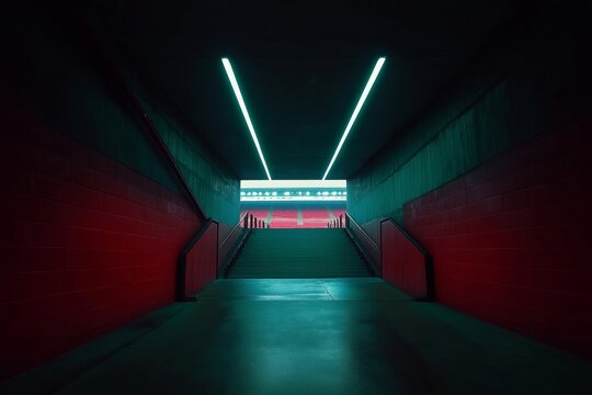 A tunnel with red lights shining down on it