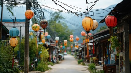 A view of traditional lanterns interspersed with electricity wires, capturing the charming and eclectic vibe of Pai, Thailand.