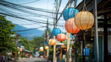 A view of traditional lanterns interspersed with electricity wires, capturing the charming and eclectic vibe of Pai, Thailand.