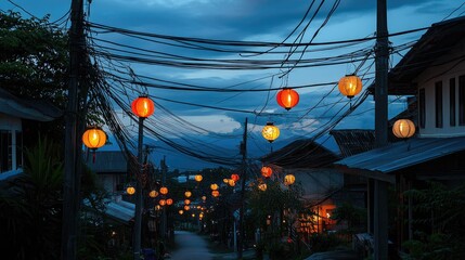 A view of traditional lanterns interspersed with electricity wires, capturing the charming and eclectic vibe of Pai, Thailand.