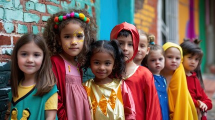 A group of diverse children in colorful Halloween costumes, posing for a photo.