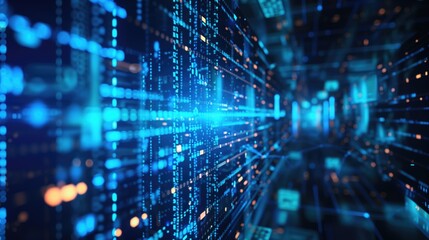 Abstract digital data stream with glowing blue lines and nodes in a futuristic network background. Concepts of information technology, cybersecurity, and advanced digital communications.