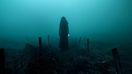 Eerie silhouette of a figure standing in a misty field at night, creating a chilling and mysterious atmosphere. Perfect for horror themes, supernatural concepts, and suspenseful storytelling