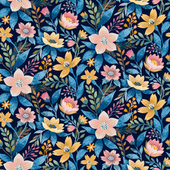 Half Drop Floral Seamless Pattern with Yellow, White, Pink Flowers and Blue Green Leaves on Dark Blue. Wallpaper Design for Textiles, Fabrics, Papers, Fashion Prints, Beauty Products, Wrappings.