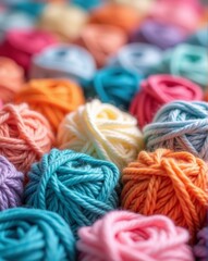 A vibrant assortment of soft yarn balls in various pastel colors, showcasing a beautiful palette perfect for knitting and crafting projects.