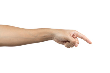 Man hand finger pointing isolated on white background. Clipping path included. side view