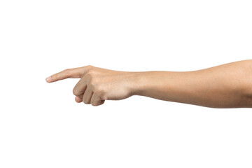 Man hand finger pointing isolated on white background. Clipping path included. side view