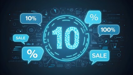 Internet shopping, rebate and deal idea with blue advanced gleaming 10 symbol on dull background with discourse rises with percent sign. 3D delivering