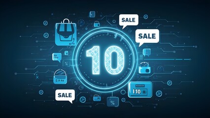 Internet shopping, rebate and deal idea with blue advanced gleaming 10 symbol on dull background with discourse rises with percent sign. 3D rendering