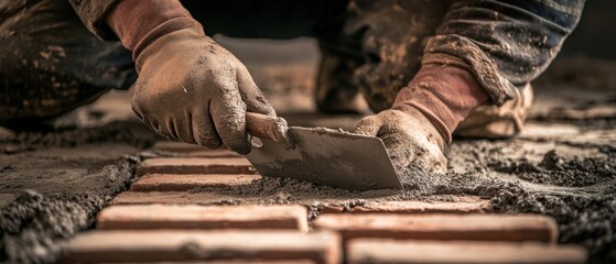 Expert mason with a sturdy trowel layering mortar between bricks in an industrial setting highlighting the precision of each stroke intricate details high contrast image
