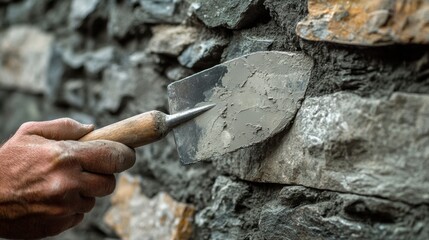 Trowel in hand of a skilled craftsman working on a detailed stone wall in a rustic setting capturing textures of both the tool and the surface artistic lighting