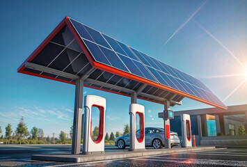 Solar EV Charge Station. A modern electric car charging station with solar panels on a canopy, charging an electric car in a sunny parking lot.