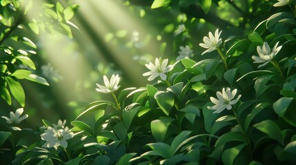 Fototapeta premium A serene garden scene featuring lush green foliage and delicate white flowers illuminated by soft sunlight beams.
