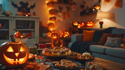 Fototapeta premium A Halloween party setup in a living room with themed decorations and snacks.