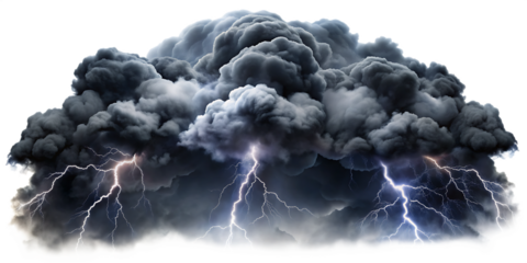 Black smoke storm clouds with fire and lightnings isolated on white background. AI GENERATED