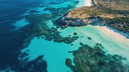 Aerial perspective of Shark Bay, Western Australia, with its striking coastline and clear, turquoise waters.