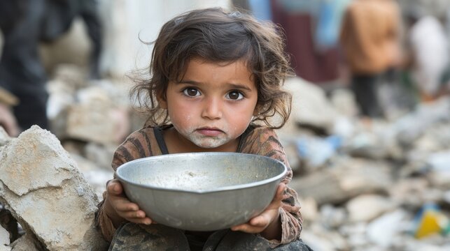 A child clutching an empty bowl amidst ruins hunger crisis aftermath of disaster food aid urgency human vulnerability