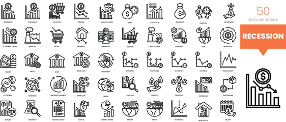 Set of minimalist linear recession icons. Vector illustration