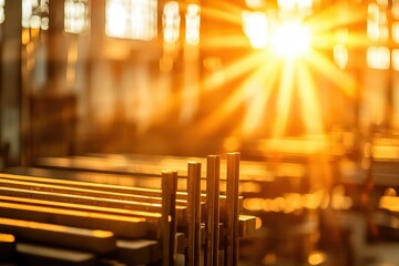 A serene industrial scene illuminated by the warm glow of sunlight, enhancing the beauty of metal structures.