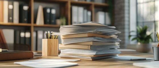 Elegant paperwork display with neatly stacked documents and office supplies on a modern desk clean lines and clear focus on paperwork and tools