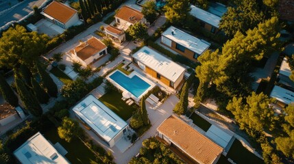 Aerial shot of a premium mobile home park in Rovinj, featuring modern amenities and a central pool.