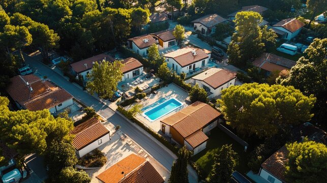 Aerial shot of a premium mobile home park in Rovinj, featuring modern amenities and a central pool.