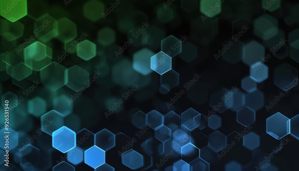Poster abstract background featuring green and blue hexagonal bokeh shapes with a dark gradient backdrop.